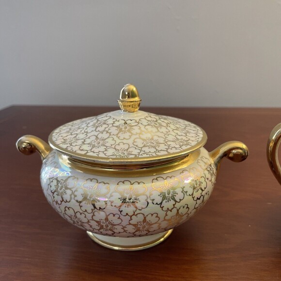 Eggshell Nautilus Cream Sugar Bowl W Lid Floral USA K47N6 F62N5 - Picture 2 of 16